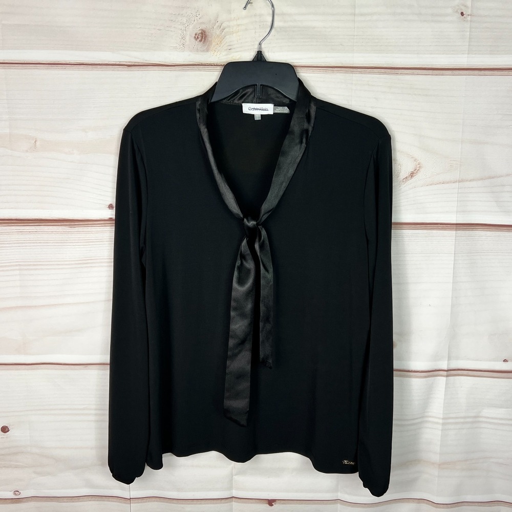 Calvin Klein Top Womens Medium Black Tie Neck Blouse Knit Long Sleeve Pullover